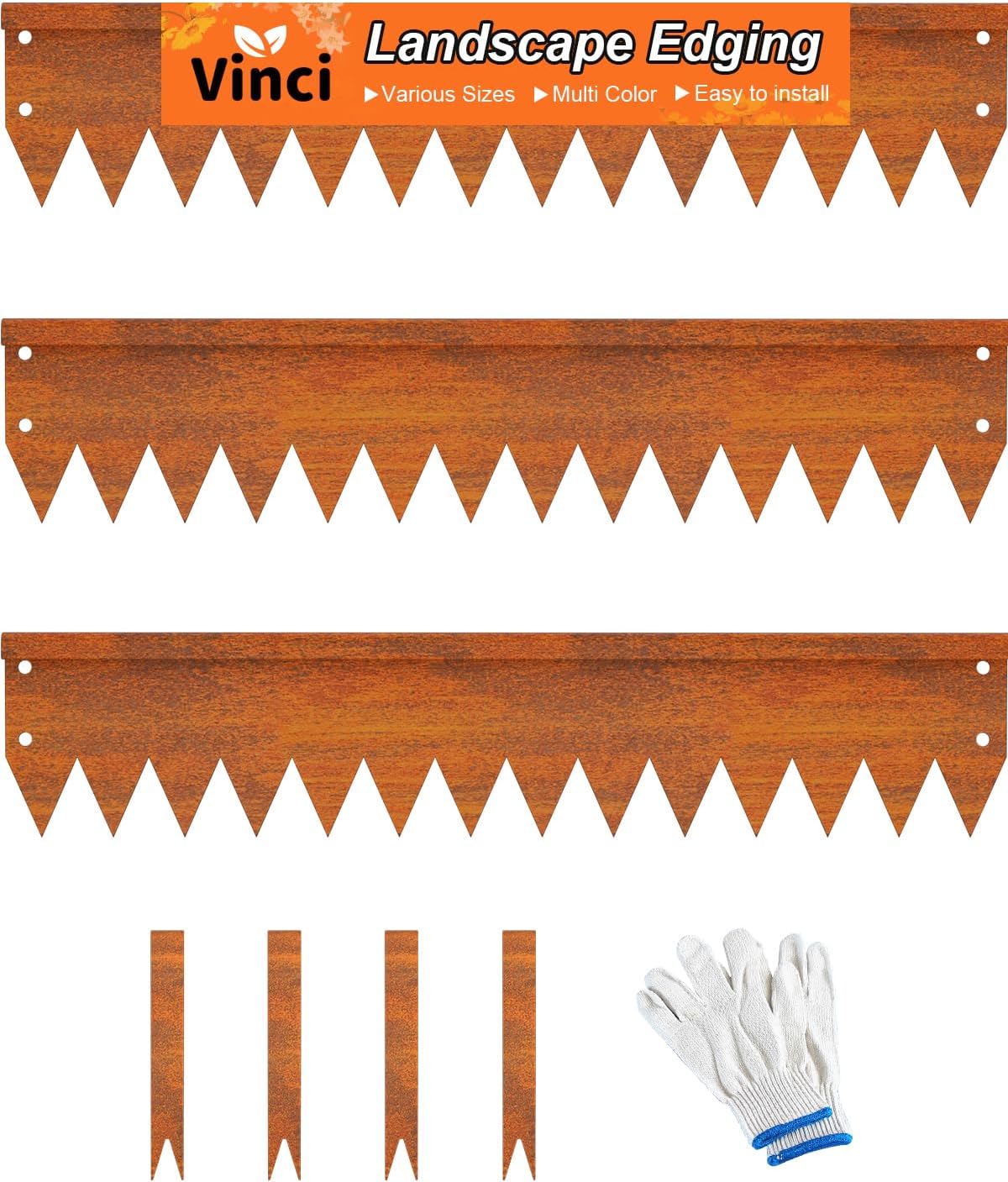 Vinci Landscape Edging Border, 40" L x 8" H 3Pack 10FT Total Rusted Corten Steel Garden Edging with Spikes, Sturdy Elegant Metal Lawn Broder for Flower Beds, Pathways, Paver Edges and Yard