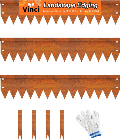 Vinci Landscape Edging Border, 40" L x 4" H 3Pack 10FT Total Rusted Corten Steel Garden Edging with Spikes, Sturdy Elegant Metal Lawn Broder for Flower Beds, Pathways, Paver Edges and Yard