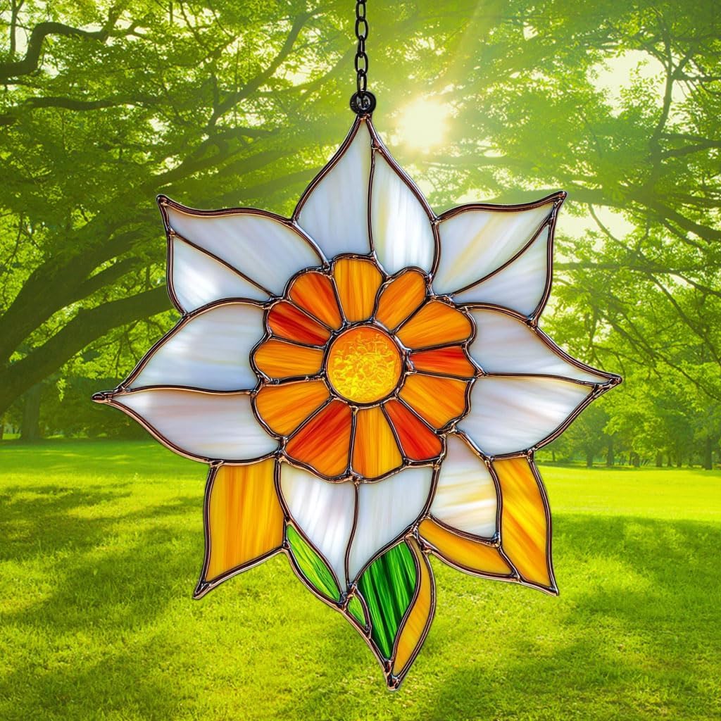 Narcissus Mosaic Style Acrylic Suncatcher Stained Glass Effect Window Car Hanging Christmas Ornament Indoor Outdoor Decor Garden Sun Catcher Panel for Floral Lover for Women Mom Grandma