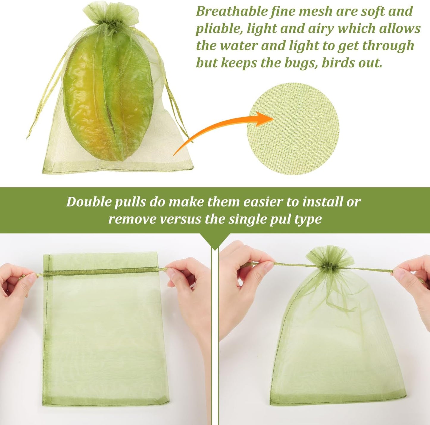 100 Pcs Fruit Protection Bags, 6x9inch Fruit Netting Bags, Green Drawstring Mesh Bags Fruit Cover Pest Barrier for Mangoes Tomatoes Fruit Trees Veggies Garden