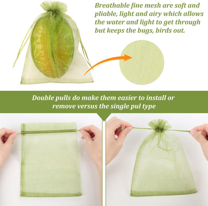 100 Pcs Fruit Protection Bags, 6x9inch Fruit Netting Bags, Green Drawstring Mesh Bags Fruit Cover Pest Barrier for Mangoes Tomatoes Fruit Trees Veggies Garden