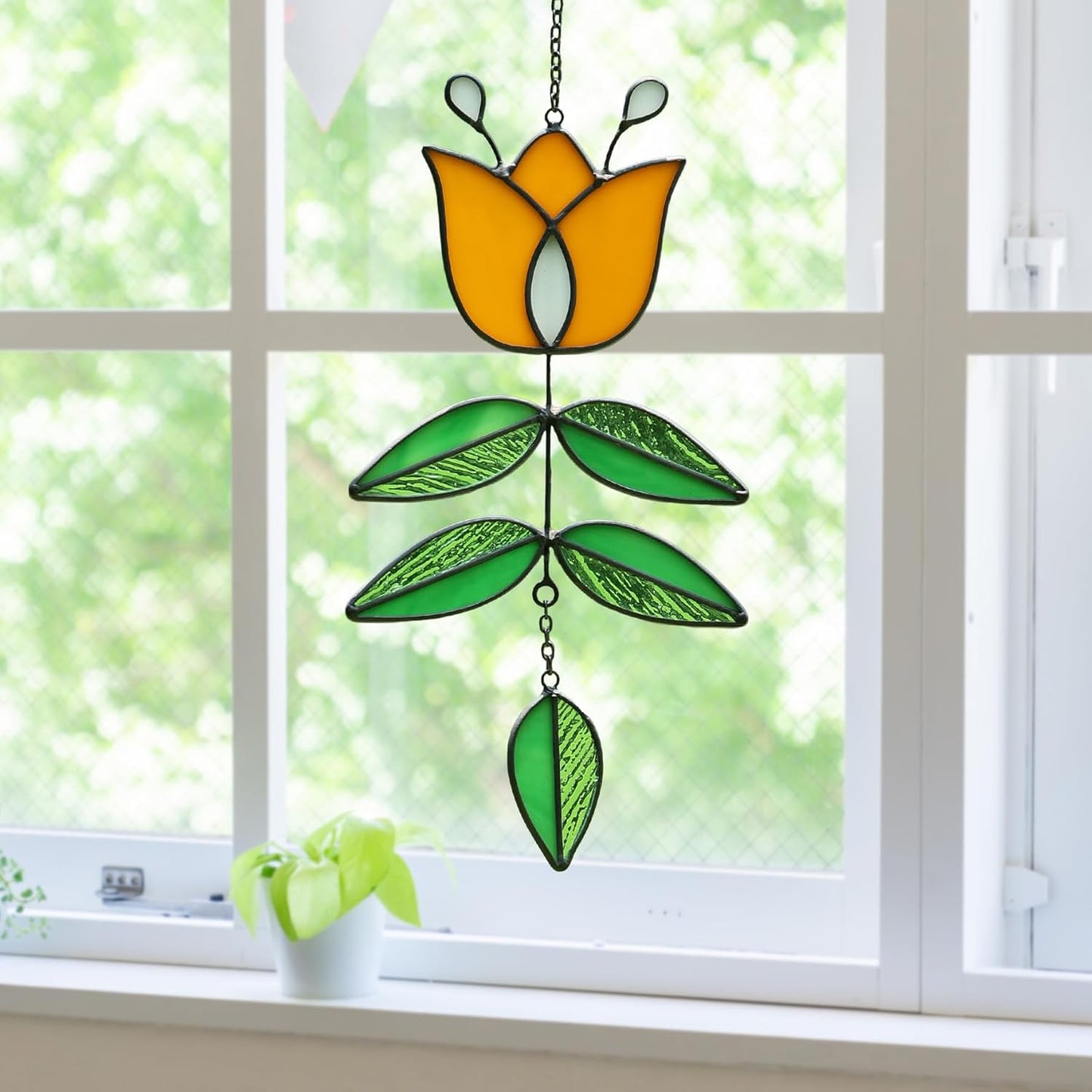Tulip Stained Glass Suncatcher, Folk Flower Stained Glass Window Hanging Sun Catcher, Retro Home Decor, Handmade Gift for Plant Lovers, 9.4" x 4.7"