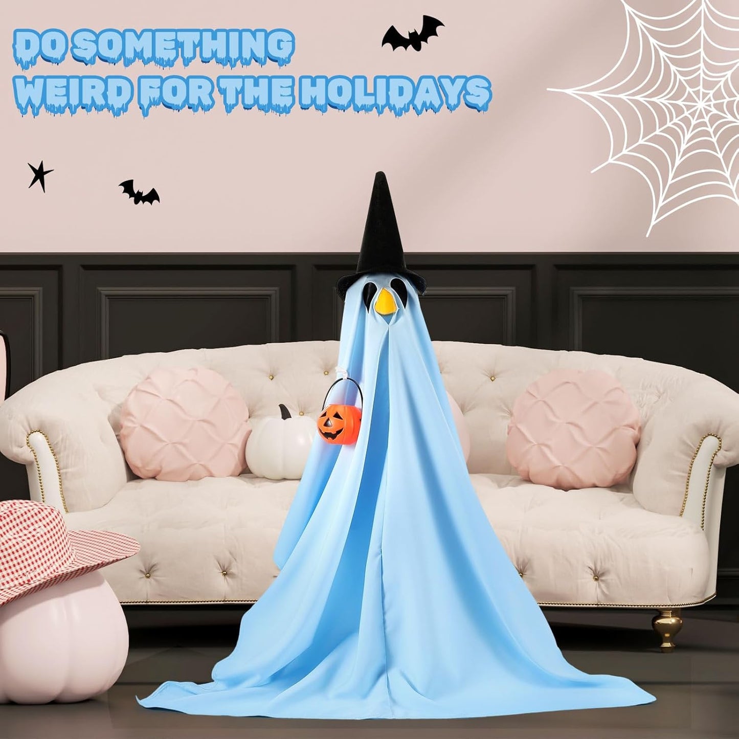 Halloween Porch Goose Outfit Ghost Lawn Goose Clothes with Pumpkin Bag for 23" Disco Plastic/Cement Outdoor Patio Yard Lawn Art Decoration(Blue,Matte)