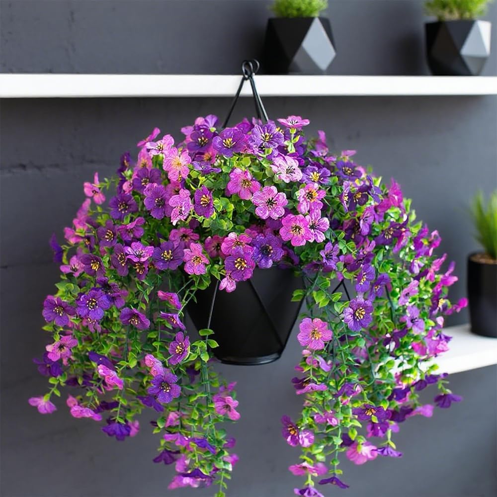 Artificial Hanging Plants Flowers Fake Outdoor Plants Artificial for Porch Hanging Faux Flowers Outdoor Home Porch Decor (2Pcs, Double Purple)