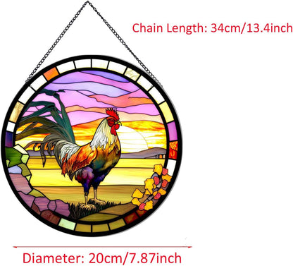 Rooster Hanging Stained Glass Sun Catcher,20cm/7.87inch Hand-Painted Sun Catcher Garden Hangings Christmas Mother's Day, Valentine's Day Ornaments Festival Gift