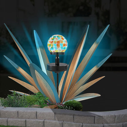 TOMBABY Solar Rustic Garden Style Metal Agave Plants Outdoor Patio, Home Decor Hand-Painted Metal Agave Garden Patio Statues, Suitable for Desert Areas, Outdoor Lawn Decorations (3 Solar Blue)