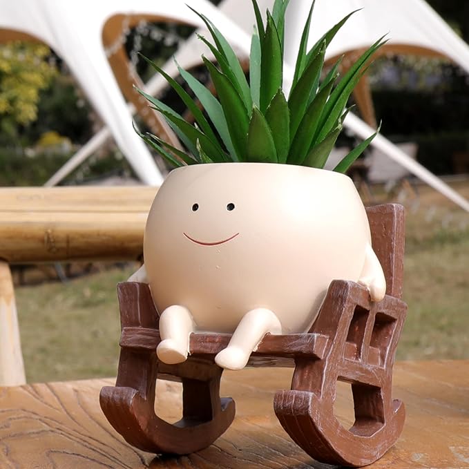 Face Planter Pots Cute Smile Flower Planter for Indoor Outdoor Plants Resin Rocking Chair Succulent Pot for String of Pearls Unique Gift on Mother's Day, Birthday, Christmas（Small）