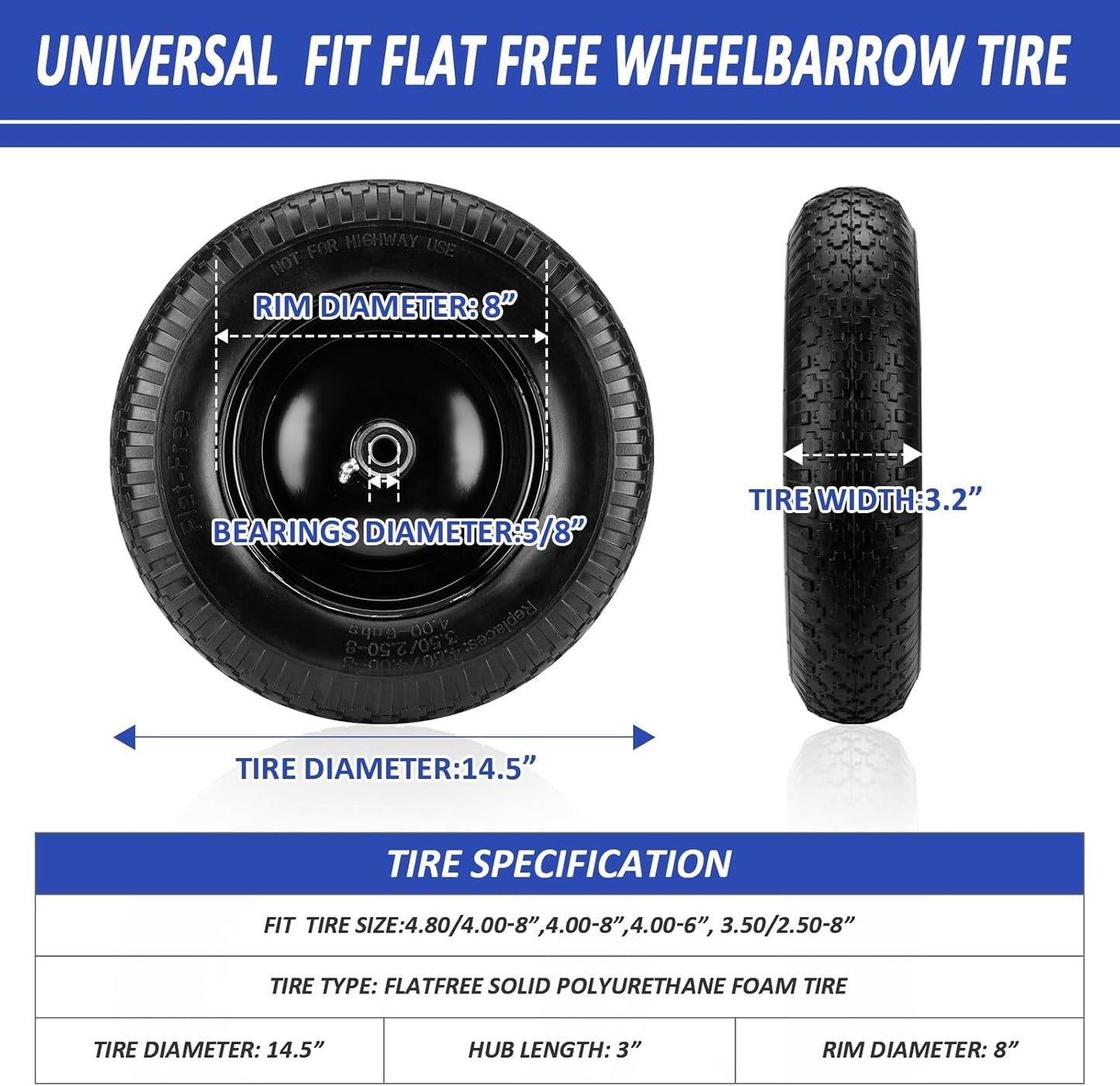 4.80/4.00-8" Flat Free Wheelbarrow Tire, 14.5" Wheel Size, 5/8" Axle Bore, 3" Center Hub, 3/4" Bearings, Universal Replacement Solid Tire for Hand Truck/Cart (Black)
