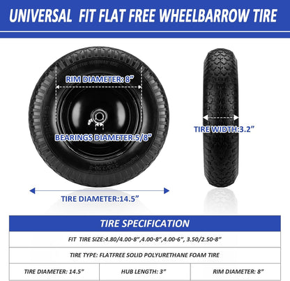 4.80/4.00-8" Flat Free Wheelbarrow Tire, 14.5" Wheel Size, 5/8" Axle Bore, 3" Center Hub, 3/4" Bearings, Universal Replacement Solid Tire for Hand Truck/Cart (Black)