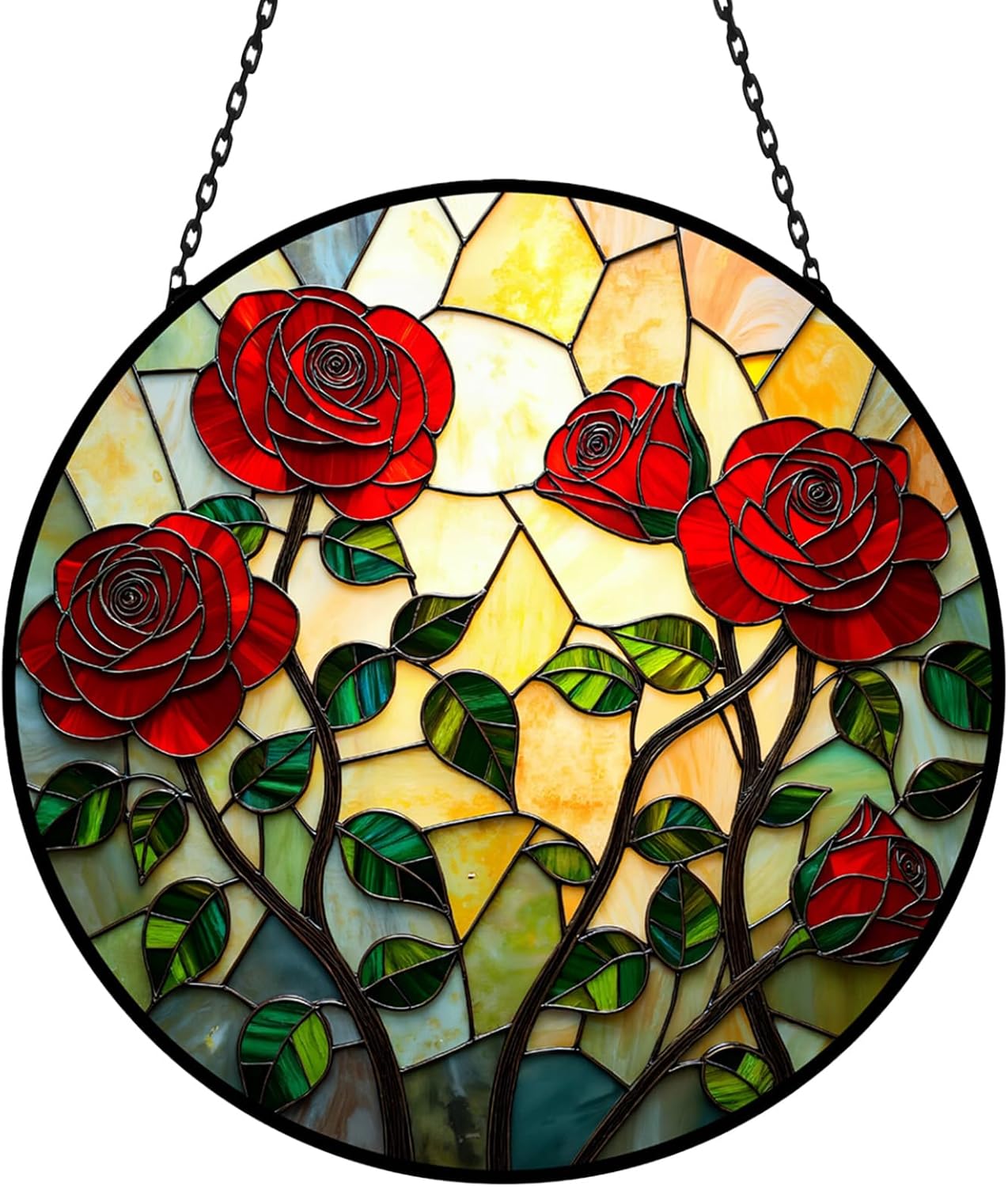 Floral Stained Glass Window Hanging - Rose Design Handmade Suncatcher, Luyseyha 8 Inch Sun Catcher for Windows, Home, Garden, Office, Christian Gift