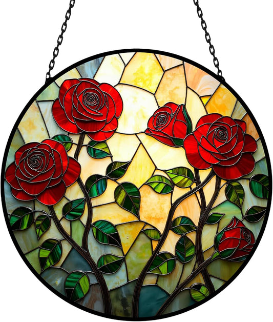 Floral Stained Glass Window Hanging - Rose Design Handmade Suncatcher, Luyseyha 8 Inch Sun Catcher