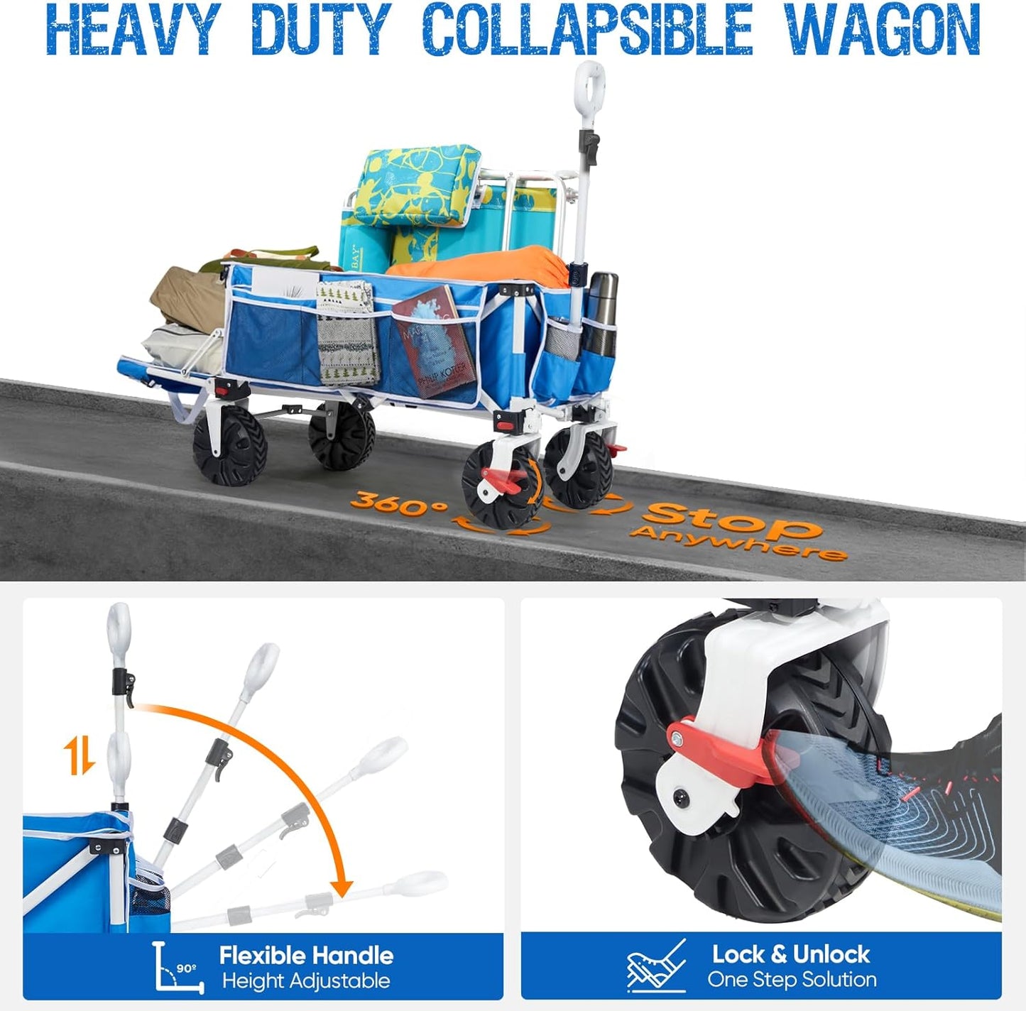 Old Bahama Bay 550lbs Extra Long 49" L Beach Wagon with Big Wheels with Brake for Sand, Collapsible Utility Beach Cart Heavy Duty Folding Wagon,Ideal for Outdoor Sand Camping Garden Pet