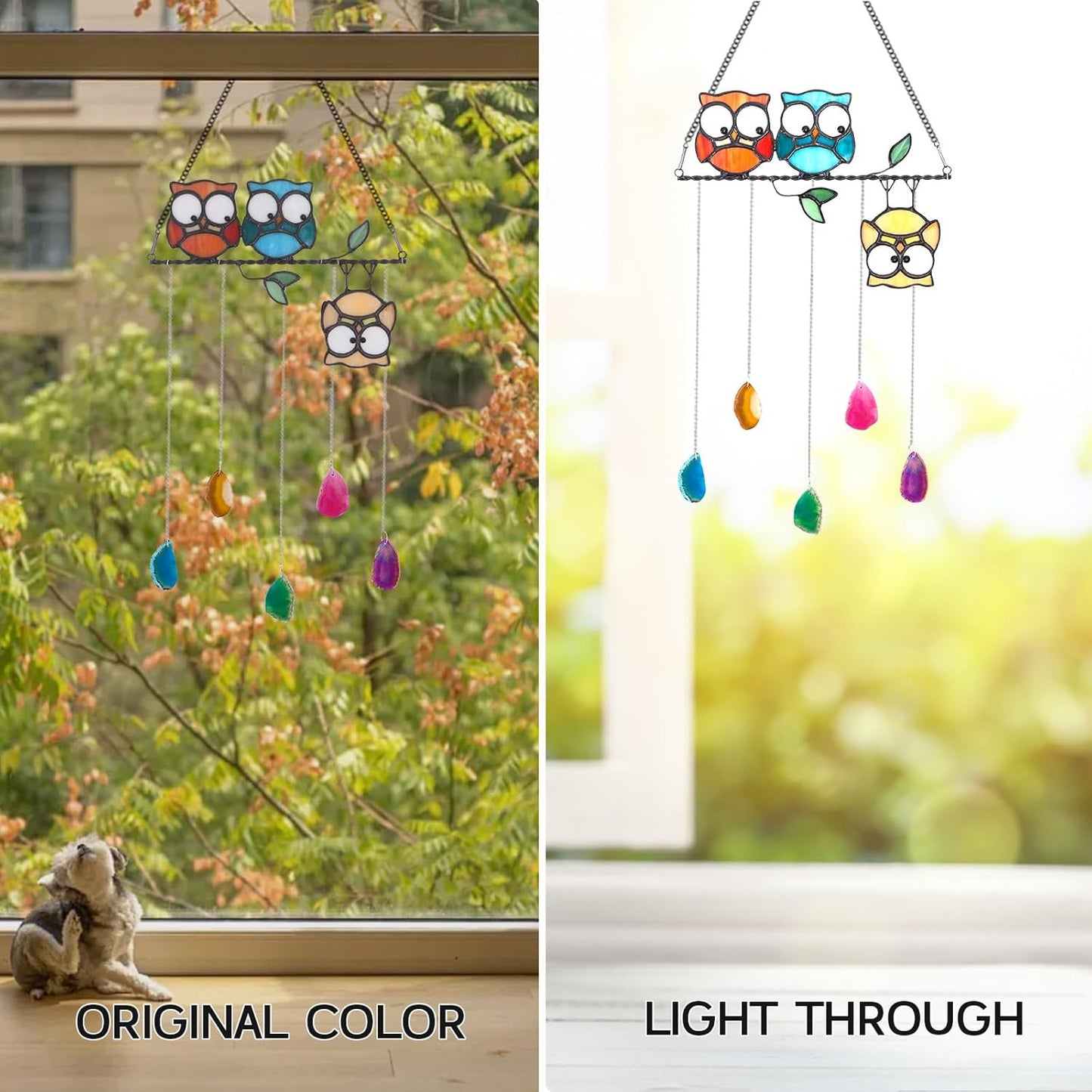 Stained Glass Multicolor Owl Suncatcher Panel with Agate Stones - Window Hanging Art for Garden & Indoor Decor - Vibrant Rainbow Maker Hummingbird Ornamentand Gift for Women and Bird Lovers