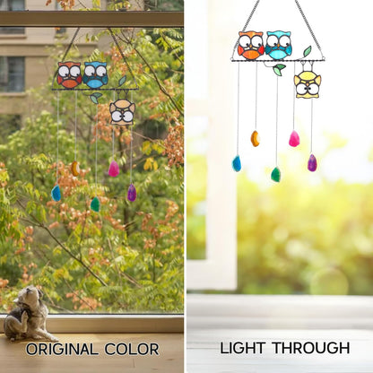 Stained Glass Multicolor Owl Suncatcher Panel with Agate Stones - Window Hanging Art for Garden & Indoor Decor - Vibrant Rainbow Maker Hummingbird Ornamentand Gift for Women and Bird Lovers