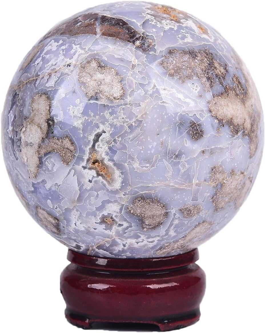 JIC Gem Large Blue Cherry Blossom Agate Crystal Ball with Stand Crystal Sphere Natural Sakura Flower Agate Stone Reiki Healing Meditation Witchcraft Home Decor 2.7-3.1 inch(70-80mm)
