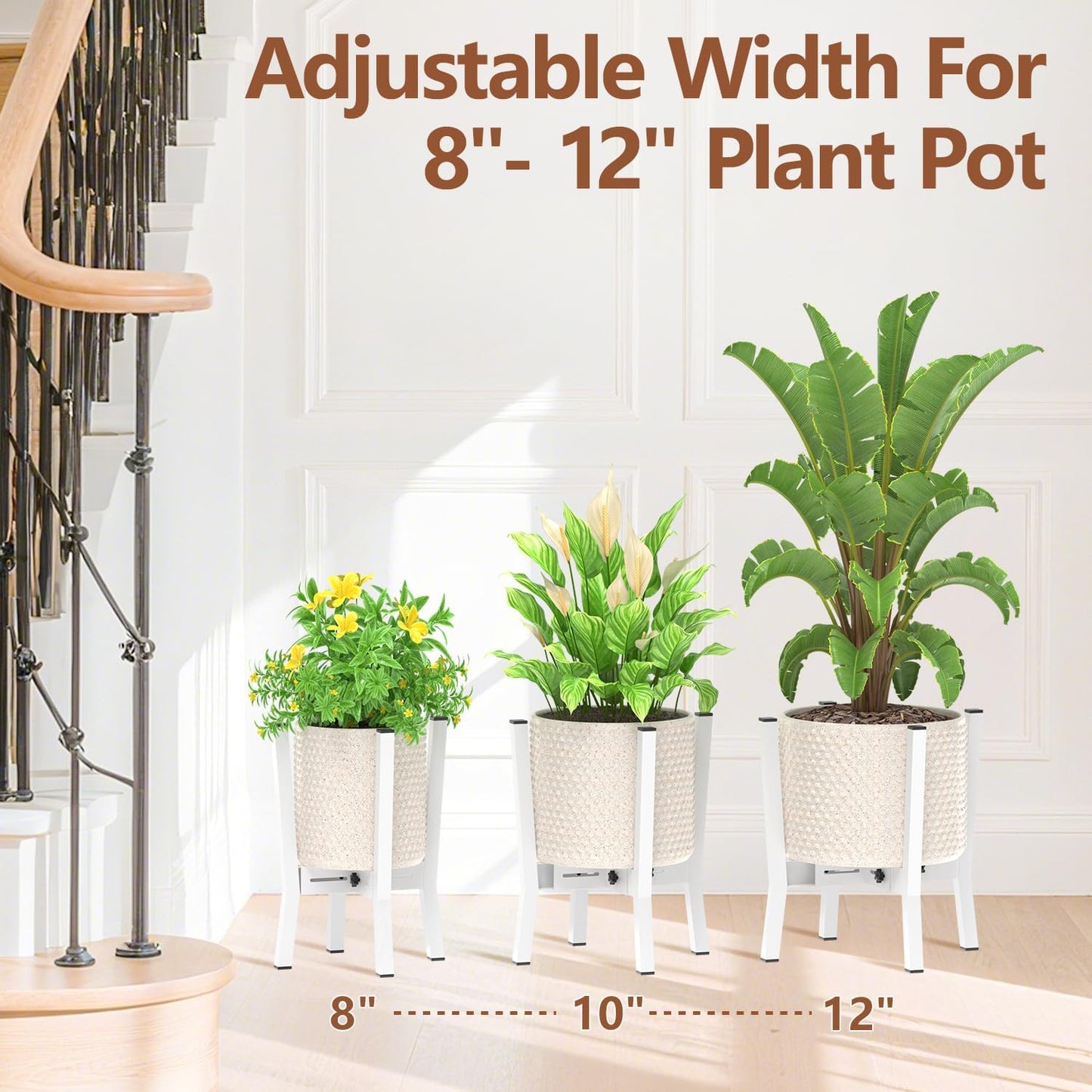 LASZOLA White Adjustable Plant Stand for Single Large Outdoor Indoor Planters, Heavy Duty Metal Floor Fern Holder Fits 8 to 12 Inch Pots, Elevated Big Flower Stool for Patio – Pot Not Included, 1 Pack