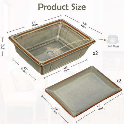 Ceramic Bonsai Pots with Drainage Tray, Set of 2 Rectangular Glazed Bonsai Planters for Indoor/Outdoor Use, Shallow Brown Bonzai Tree Pots for Succulent, Orchids, Cacti, Home, Patio, Garden, 7.5"x5.5"