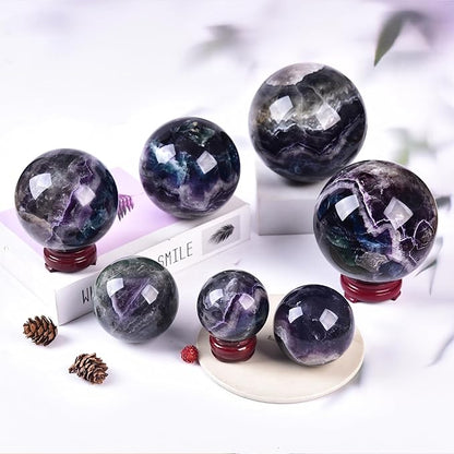JIC Gem Natural Colorful Fluorite Crystal Sphere Decorative Ball with Wooden Stand Meditation Balls for Witchcraft Reiki Healing Gift 50-60mm