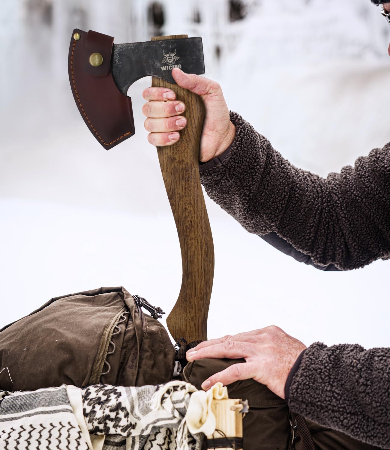 Camping Hatchet - 15.2 inches Chopping Axe for Wood Splitting and Kindling, 1065 High Manganese Steel and Beech Wooden Handle, with Leather Sheath