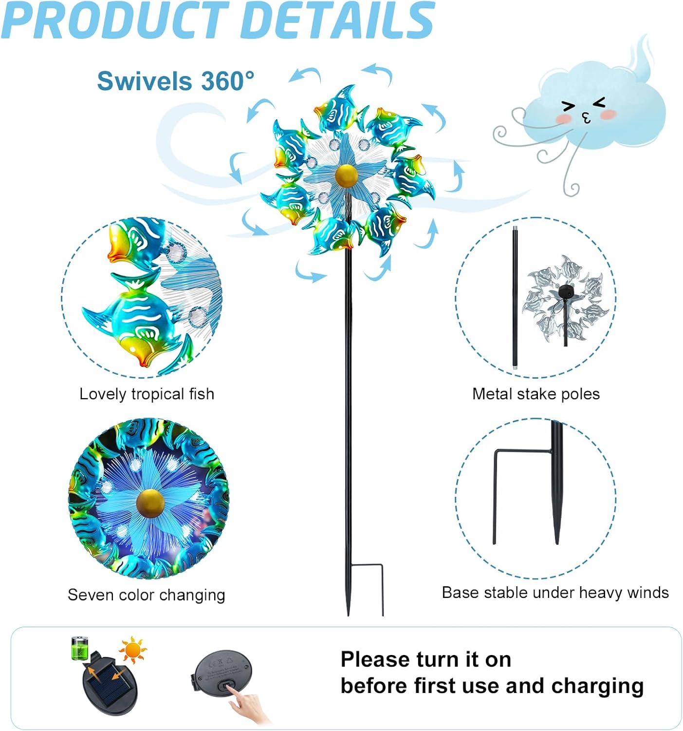 Solar Wind Spinners Outdoor, 51" Waterproof Metal Stake Tropical Fish Sculpture with 7 Color LED Lights 360° Rotating Kinetic Solar Windmill for Yard Garden Lawn Patio Decor