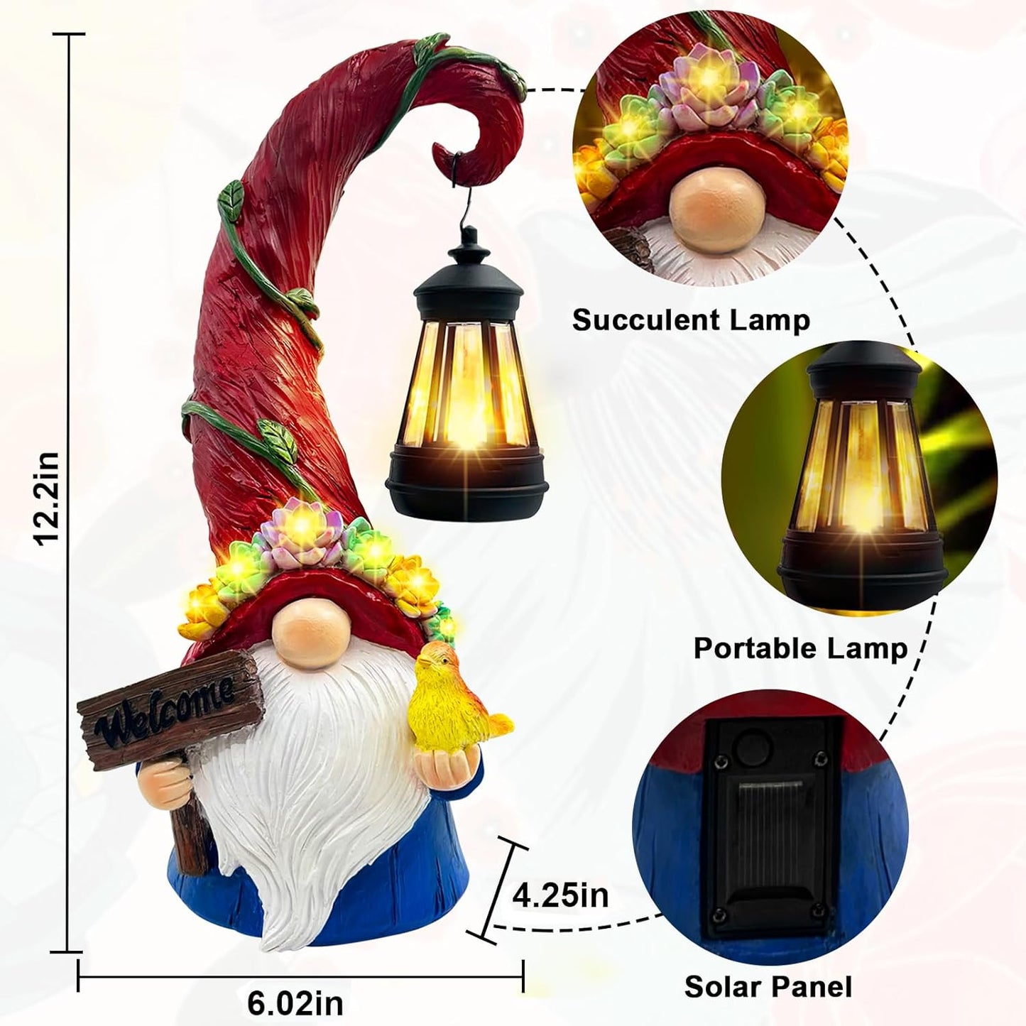 Gnome Garden Decor Statue Solar Lights Outdoor Decor with Succulent and 6 LED Lights,for Balcony,Garden,Patio,Yard,Lawn,Housewarming Birthday Gifts for Women/Mom/Grandma