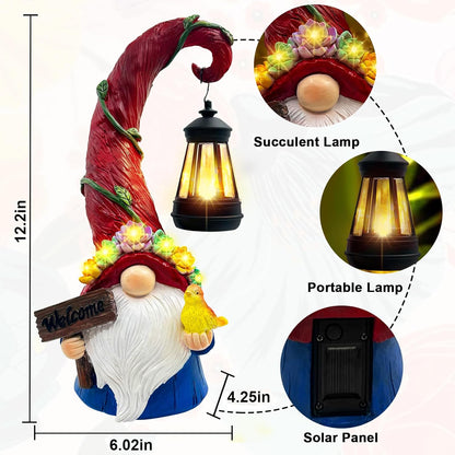 Gnome Garden Decor Statue Solar Lights Outdoor Decor with Succulent and 6 LED Lights,for Balcony,Garden,Patio,Yard,Lawn,Housewarming Birthday Gifts for Women/Mom/Grandma