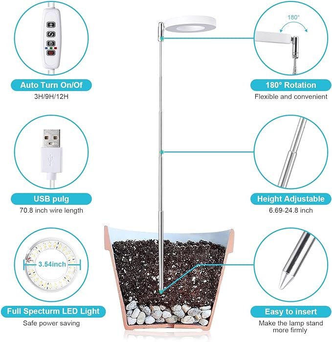 Halo Ring Grow Lights for Small Indoor Plants, Warm+White 48LEDs Full Spectrum Plant Light, Height Adjustable with 5V 2A Adapter, 3/9/12H Timer, 3 Spectral Modes, 10 Dimmable Levels, Angel Ring 1 Pack