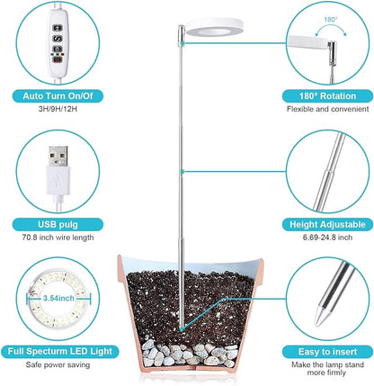 Halo Ring Grow Lights for Small Indoor Plants, Warm+White 48LEDs Full Spectrum Plant Light, Height Adjustable with 5V 2A Adapter, 3/9/12H Timer, 3 Spectral Modes, 10 Dimmable Levels, Angel Ring 1 Pack