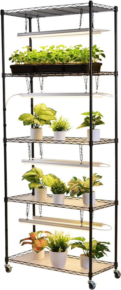 VEVOR Plant Shelf with Grow Light, 6-Tier Indoor Plant Stand, 71 in Tall Plants Display Rack with Wheels & 4/9/14H Timer, 80W T5 LED Full Spectrum Grow Lights, Flower Pot Holder for Seed Starting