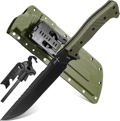 Machete w Kydex Sheath, 15'' Camping Machetes for Cutting Trees Heavy Duty,DC53 Steel Blade - 62 HRC, Full Tang Survival Machete w Firestarter, Non-Slip Handle, Ideal for Yard Work, Hunting,Outdoor