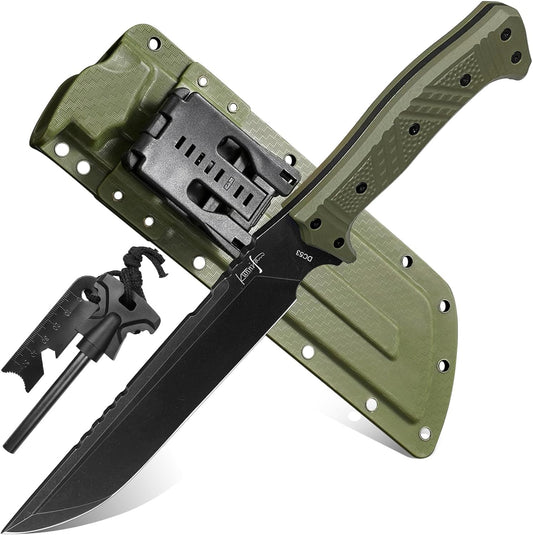 Machete w Kydex Sheath, 15'' Camping Machetes for Cutting Trees Heavy Duty,DC53 Steel Blade - 62 HRC, Full Tang Survival Machete w Firestarter, Non-Slip Handle, Ideal for Yard Work, Hunting,Outdoor