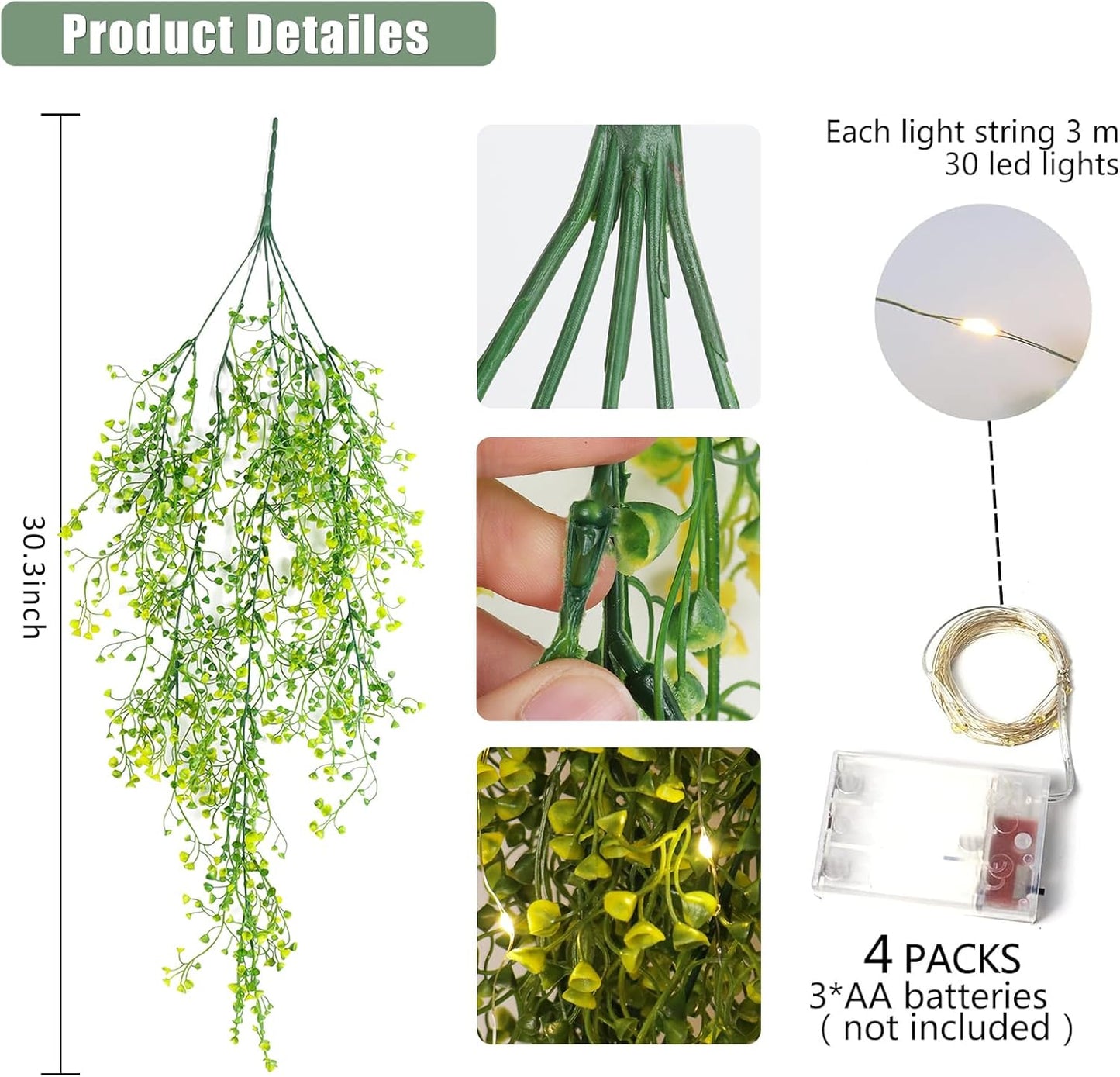 RECUTMS 4Pcs Artificial Hanging Ferns Plants with 30 Lights Fake Ivy Vine Faux Greenery Garland for Porch Fence Patio Yard Wedding Party Indoor Outdoor Decorations (Yellow)