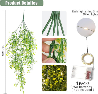 RECUTMS 4Pcs Artificial Hanging Ferns Plants with 30 Lights Fake Ivy Vine Faux Greenery Garland for Porch Fence Patio Yard Wedding Party Indoor Outdoor Decorations (Yellow)