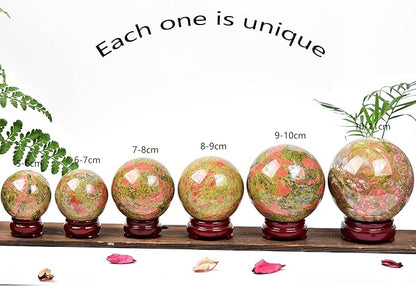 JIC Gem Crystal Sphere Balls Unakite Healing Crystal Ball with Wood Base for Reiki Chakra Decor (100-110mm)