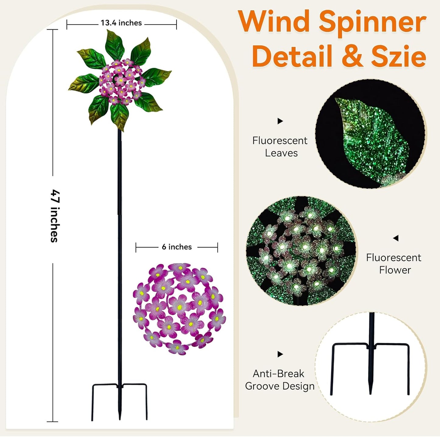 Solar Glow Garden Wind Spinner Outdoor, 13" W Flower Metal Wind Spinner & Sculptures with Fluorescent Coating, Kinetic Windmill for Yard Lawn Patio Decor, Pink