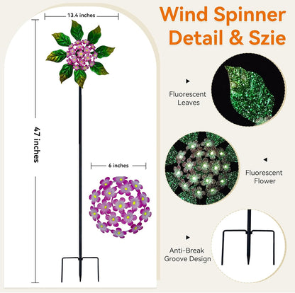 Solar Glow Garden Wind Spinner Outdoor, 13" W Flower Metal Wind Spinner & Sculptures with Fluorescent Coating, Kinetic Windmill for Yard Lawn Patio Decor, Pink
