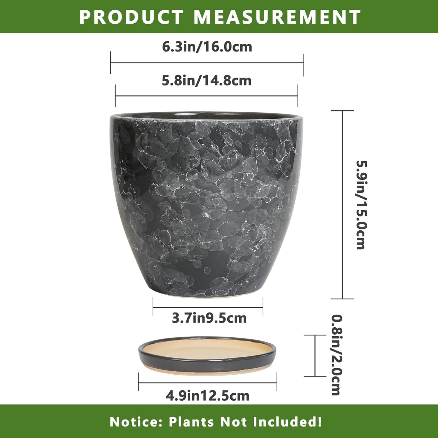 6 Inch Plant Pot - Ceramic Planter for Indoor with Drainage Hole and Saucer, Round Succulent Pot, Modern Flower Planters, Home Room Garden Office Decor, Gardening Gifts for Women, Grey