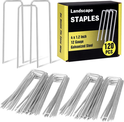 HongWay 120 Pack 4 Inch Landscape Garden Staples, Garden Stakes Galvanized 12 Gauge SOD Ground Stakes Landscaping Fabric Pins Yard Staples for Lawn Turf Hose Irrigation Tubing