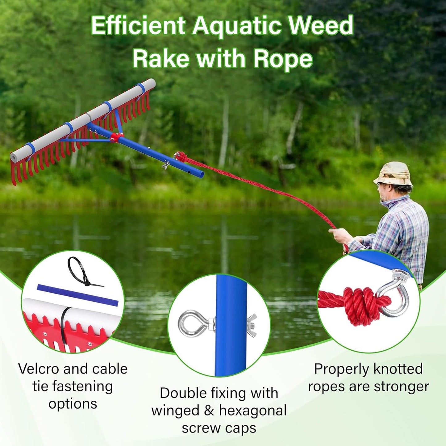 Lake Rake,Pond Rake Aquatic Weed Rakes,Large Heavy Duty Aluminum Aquatic Rakes with 7" Metal Tines 11FT Extension Handle,26FT Rope and Float for Removal of Weeds,Leaves(Patents Pending)