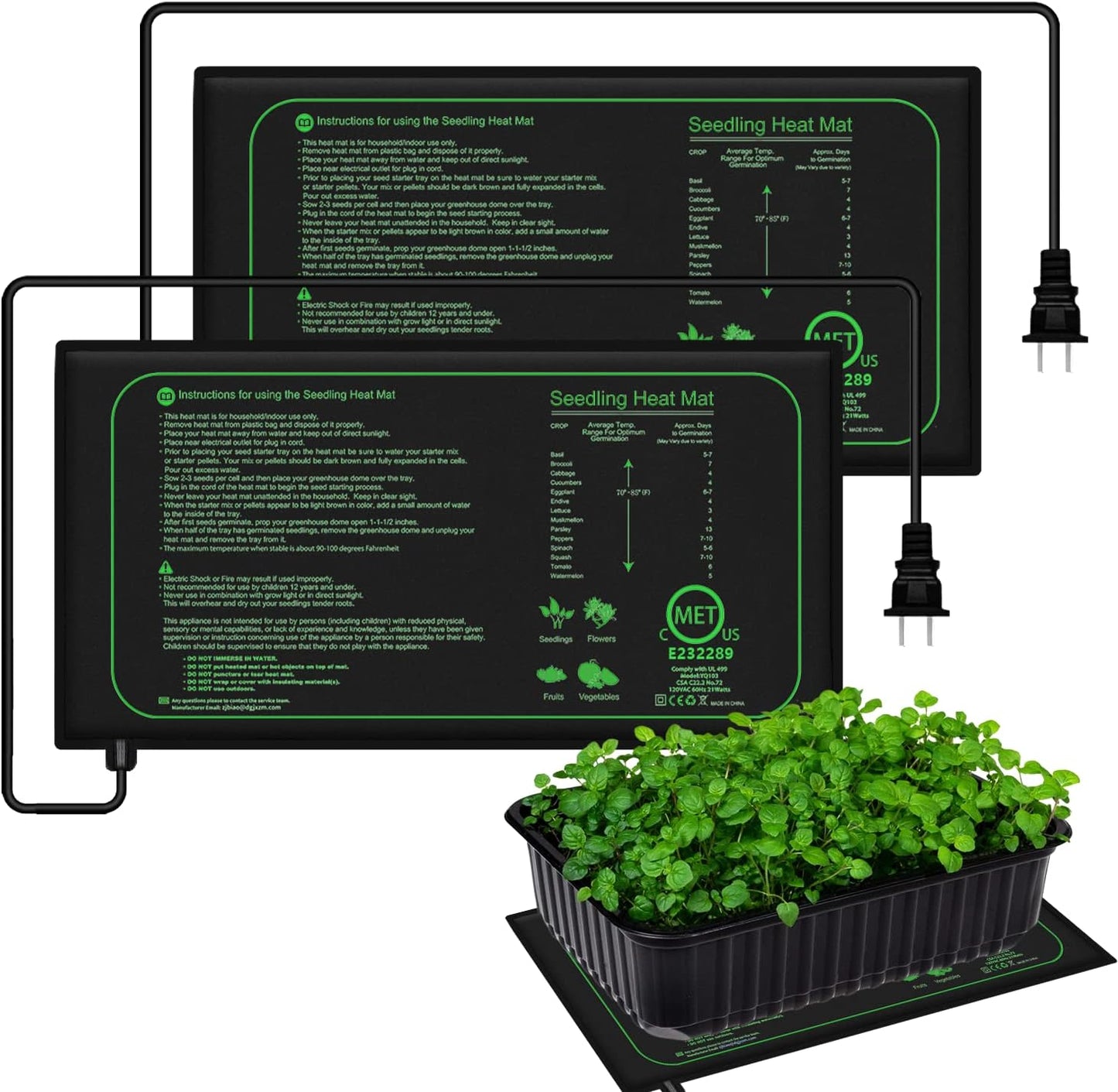 Seedling Heat Mat for Indoor Home Gardening Seed Starting, 10"x 20.75" Plant Heating Pad, Warm Germination Hydroponic MET Certified Waterproof, 21W(2 Count (Pack of 1))