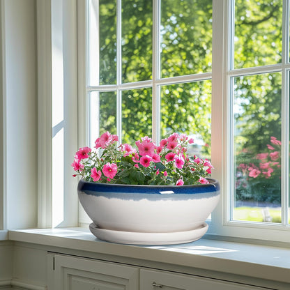 SQOWL Bonsai Tree Pots - 12 Inch Ceramic Succulent Planters, Large Bonsai Pot with Drainage Hole and Tray, Shallow Planter Indoor Outdoor, Bowl Round Planter, Home Decor, Plant Lover Gift, Blue-Beige