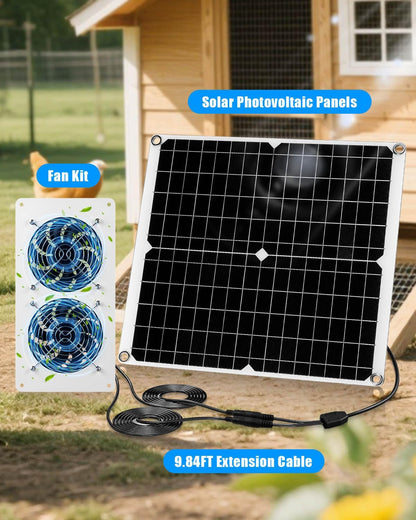 30W Dual Solar Fan Kit for Outside Greenhouse Shed Chicken Coop, IPX7 Waterproof Solar Panel Fan kit with 9.8 FT Power Cord, PV Powerd Cooling Fan for Pet House