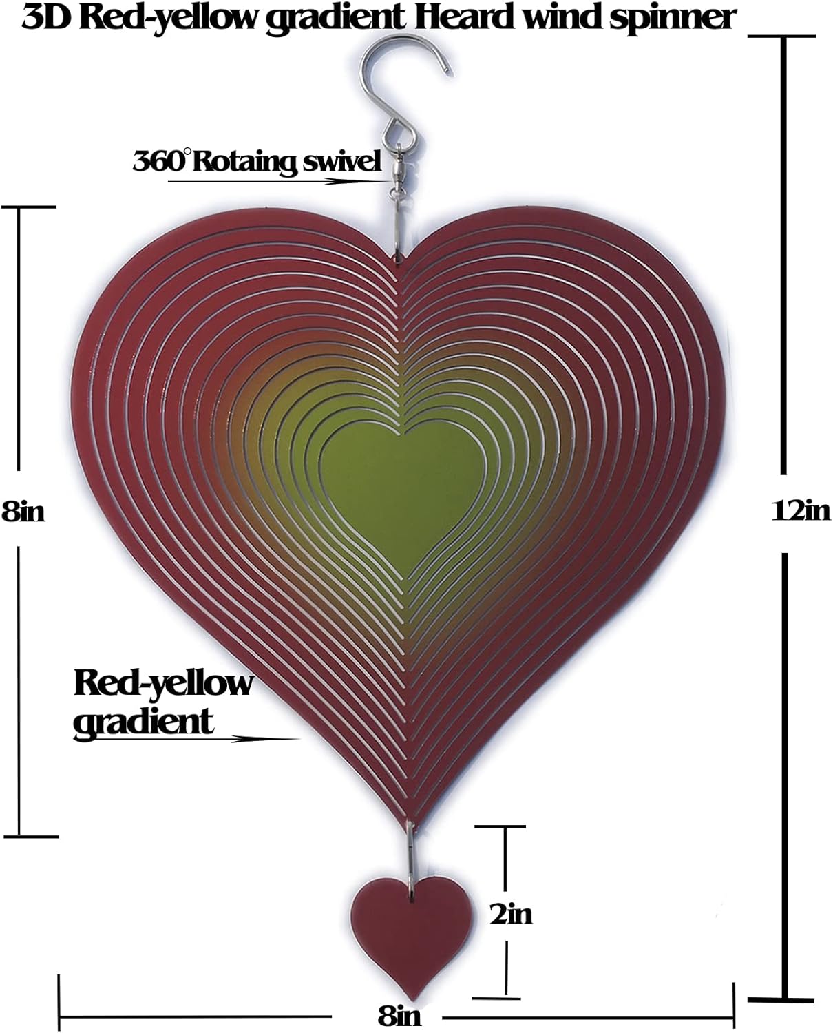 DJUAN Wind Spinner Red-Yellow Gradient Love Heart 3D Metal Hanging Wind Spinners Worth Gift Stainless Steel Yard Art Decorations Indoor/Outdoor Kinetic Wind Sculptures & Spinners