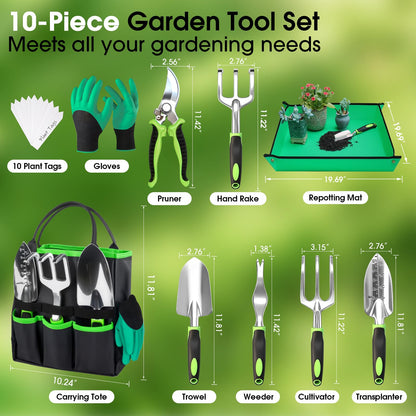 WOWBOX Garden Tools Set, 10 PCS Heavy Duty Gardening Hand Tools Kit, Green