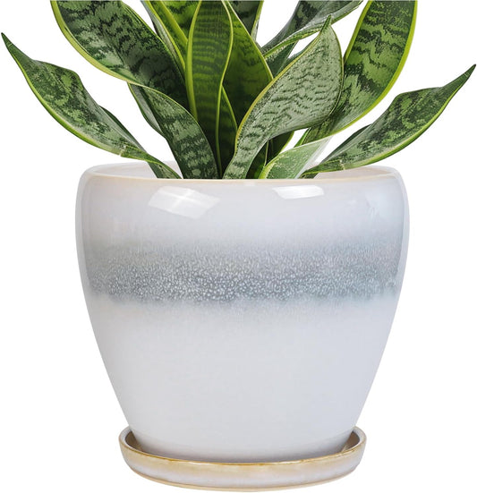6 Inch Plant Pot - Ceramic Planters for Indoor Ourdoor Plants, Modern Succulent Pot, Round Planter with Drainage Hole and Saucer, Room Office Garden Home Decor, Plant Lover Gifts, White-Grey