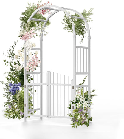 VINGLI Garden Arbor with Gate, PVC Frame Trellis Garden Arch for Plant Climbing, Vinyl Pergola Wedding Arch Backdrop Standing for Backyard, Lawn, Event (White)