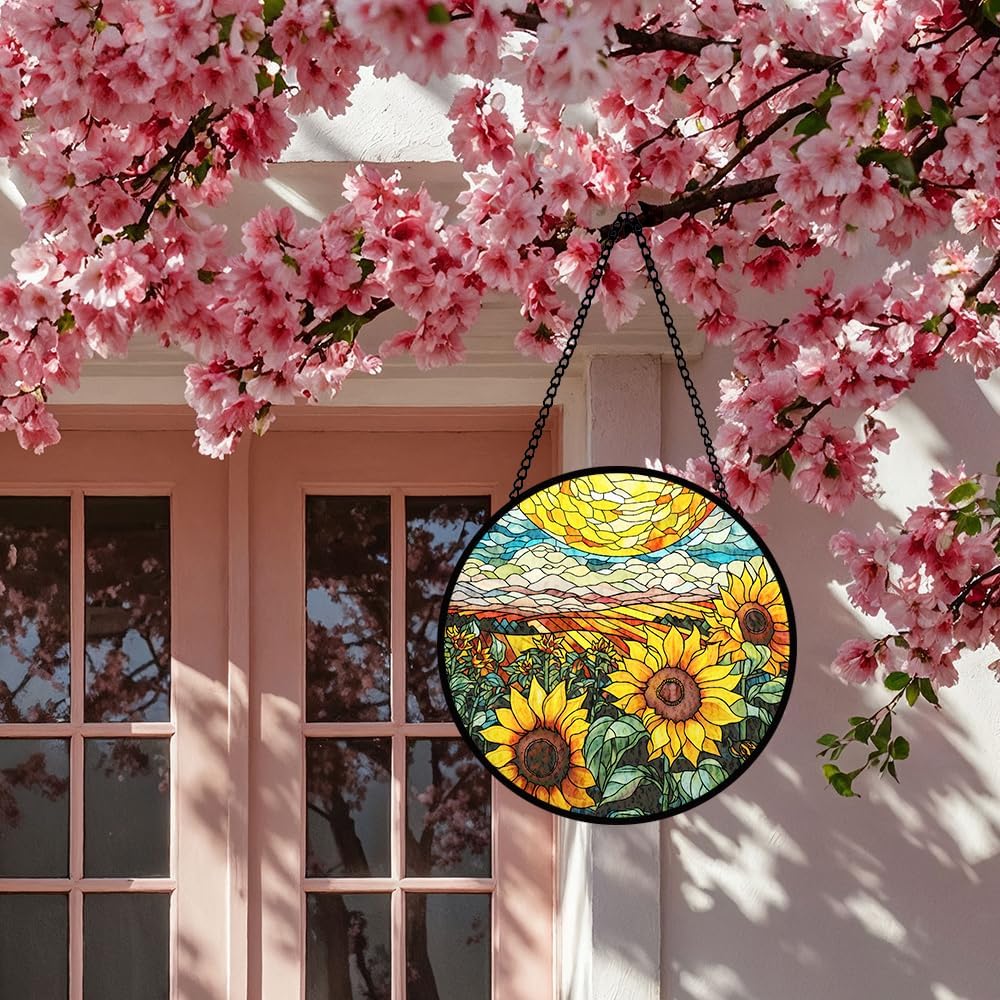 Sunflower Stained Glass Window Hanging, Flower Sun Catcher Panel Decoration, Yellow Floral Hanging Ornament, Sunflower Glass Ornament Birthday Party Decorations, Flower Ornament Gifts for Housewarming