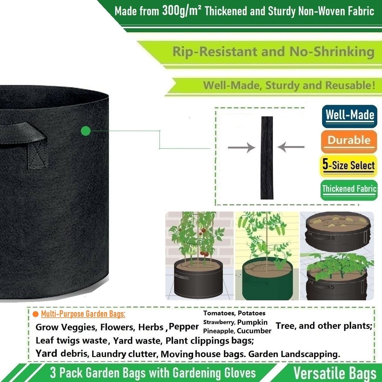 3-Pack 40 Gallon Thickened Plant Grow Bags Large (28x16 in) Heavy Duty Garden Bag Fabric Plant Pots for Potato,Tomato Planter,Herbs Veggies Planting,Flower Pots,Barrel Planter,Yard Waste Bag,Leaf Bags