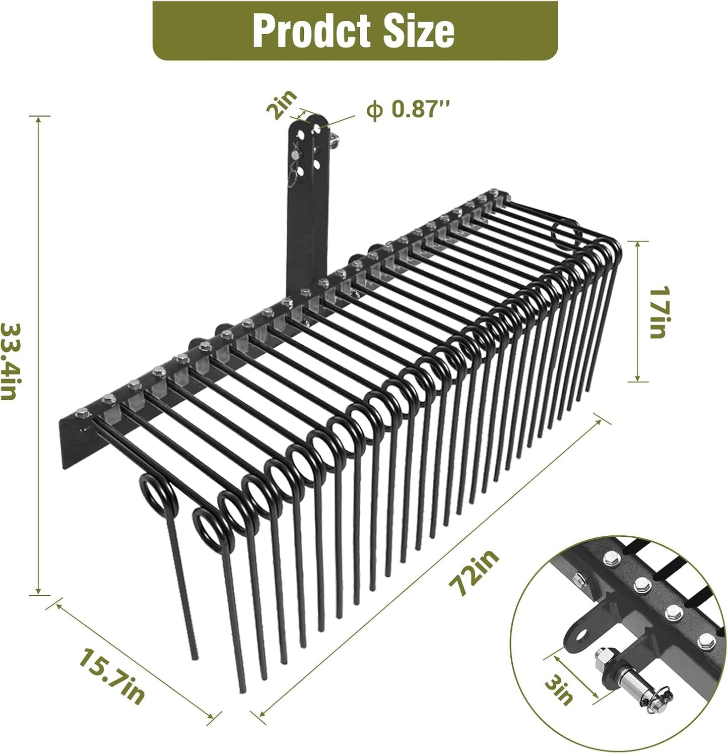 GAOMON 72 Inch Pine Straw Rake, 30 Coil Spring Tines Durable Powder Coated Steel Tow Behind Landscape Rake with 3 Point Hitch Receiver Attachment Fit to Cat0 Cat 1 Tractors for Leaves Grass, Black