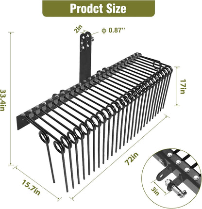 GAOMON 72 Inch Pine Straw Rake, 30 Coil Spring Tines Durable Powder Coated Steel Tow Behind Landscape Rake with 3 Point Hitch Receiver Attachment Fit to Cat0 Cat 1 Tractors for Leaves Grass, Black